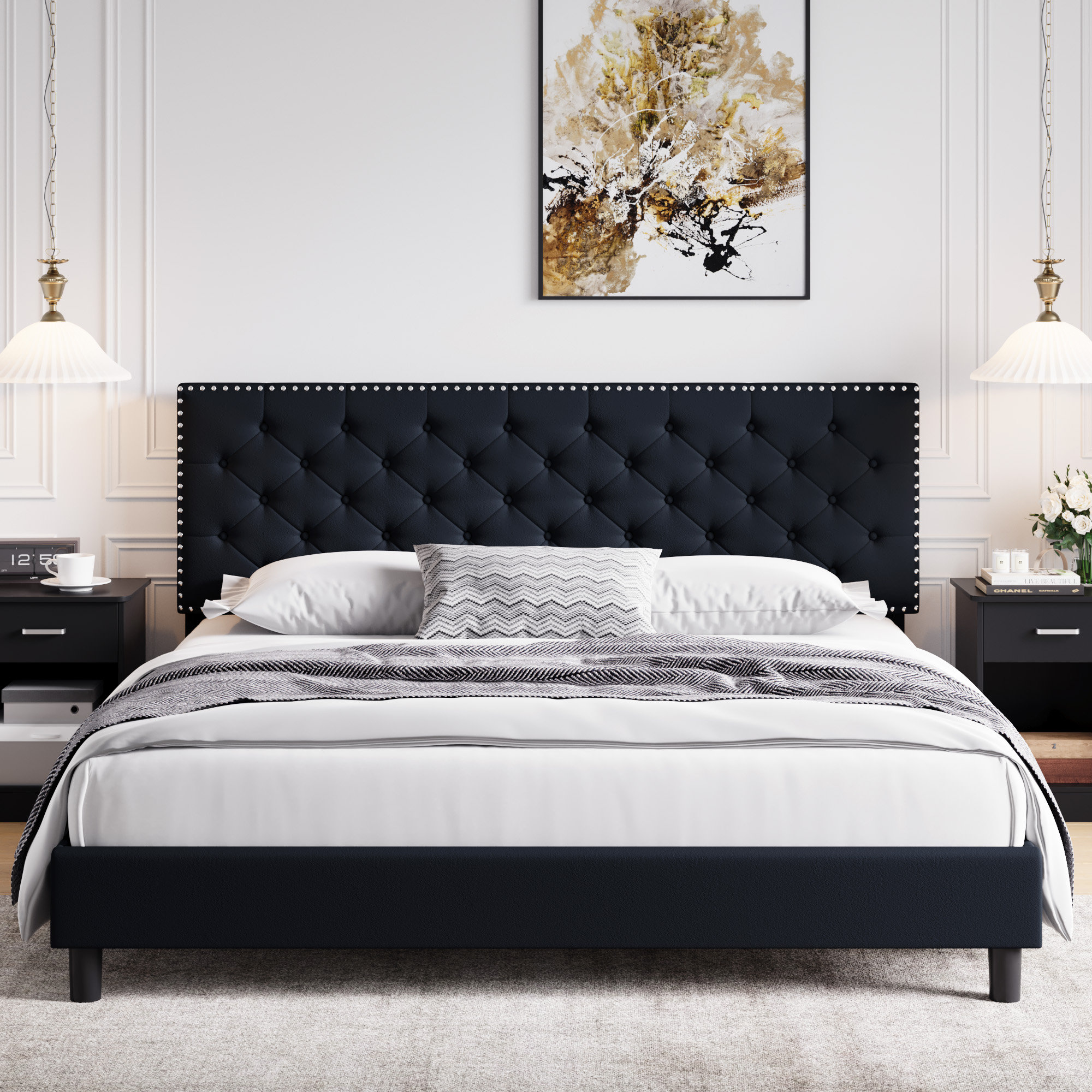 Latitude Run Emanuell Velvet Tufted Upholstered Bed Frame with Adjustable Headboard